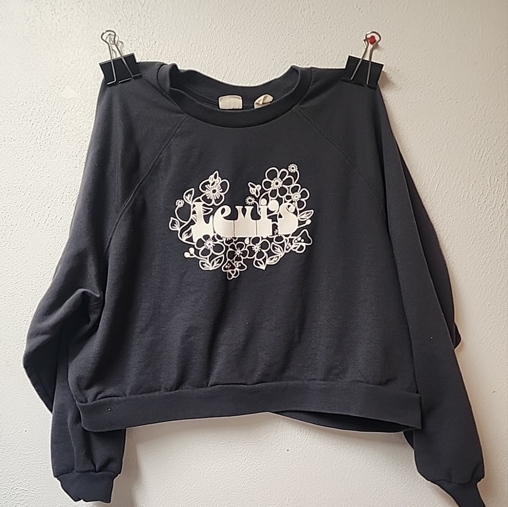 Womens XL Black Levis Sweater Cropped Long Sleeve Front Logo Cotton Polyester